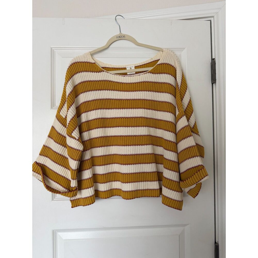 By Together Mustard Cream Striped Off Shoulder Knit Sweater Small